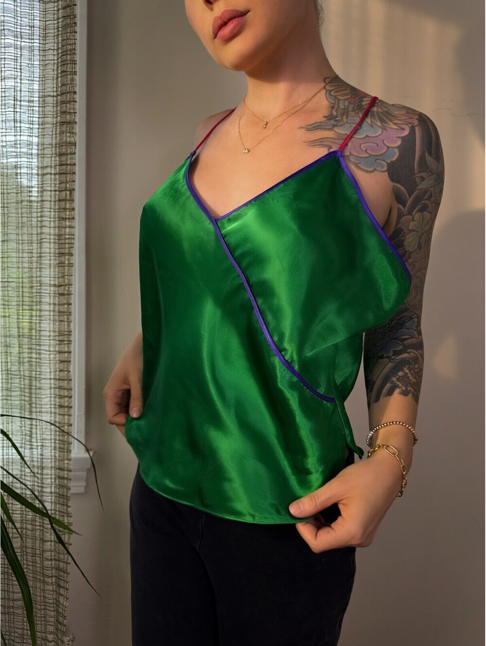 Vintage Victoria’s Secret Green Satin Cami Top L 90s Gold Label
